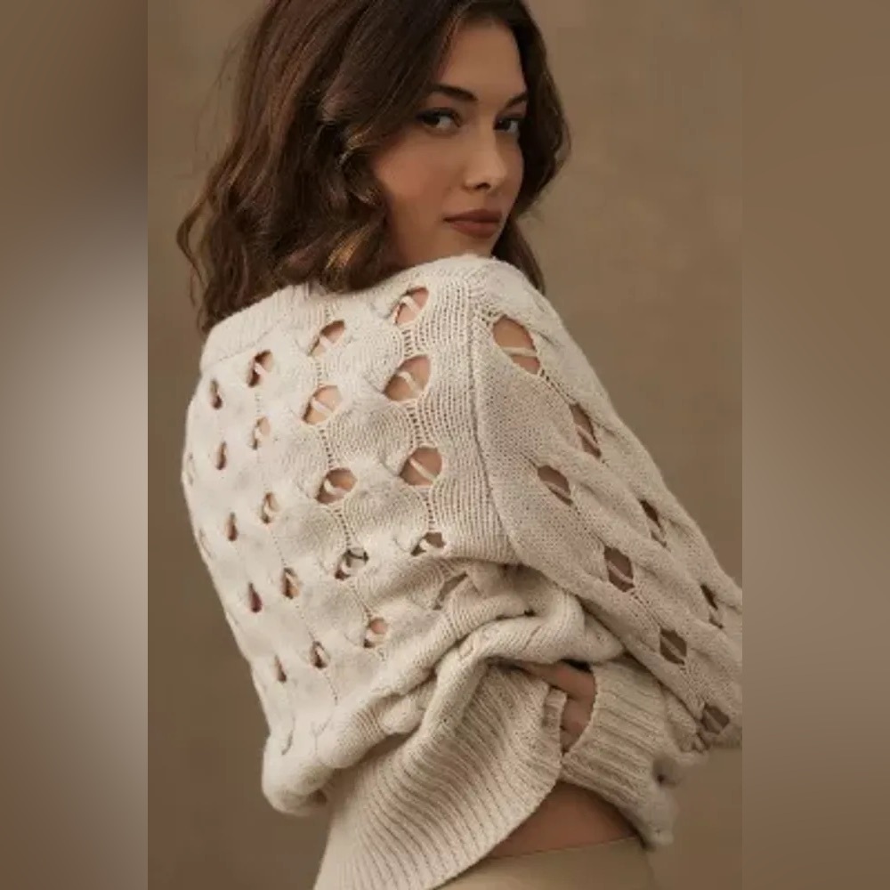 Stella Nova Open Stitch Sweater Anthropologie Wool Blend Cream Oat Size M - Picture 3 of 11
